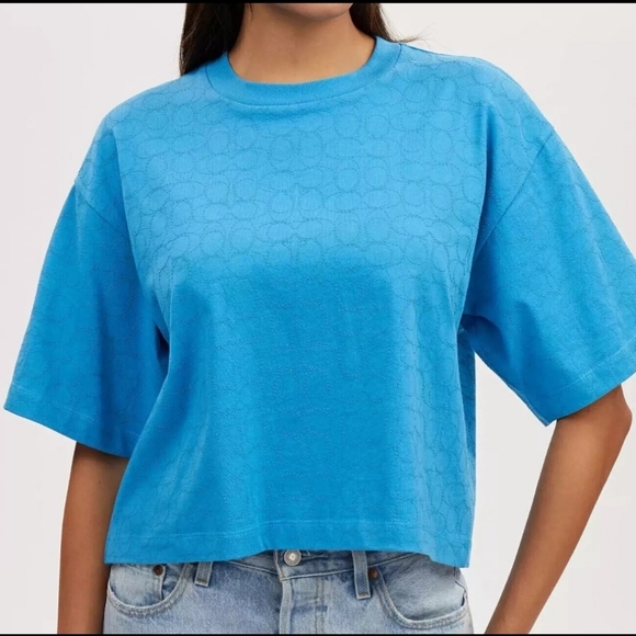 Coach Women's Bright Blue Signature Cropped T-Shirt Size XL EUC - Picture 1 of 16